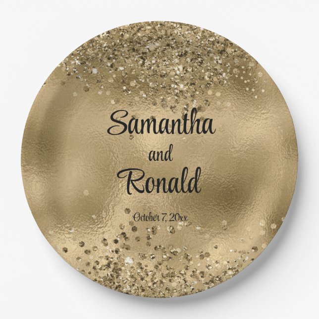 Elegant Faux Gold Glitter and Foil Wedding  Paper Plate (Front)
