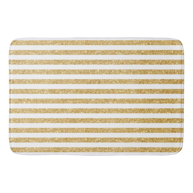 Elegant Faux Gold Glitter and White Stripe Pattern Bath Mat (Front)