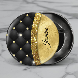 Elegant faux Gold glitter black diamond monogram 3 Cm Round Badge