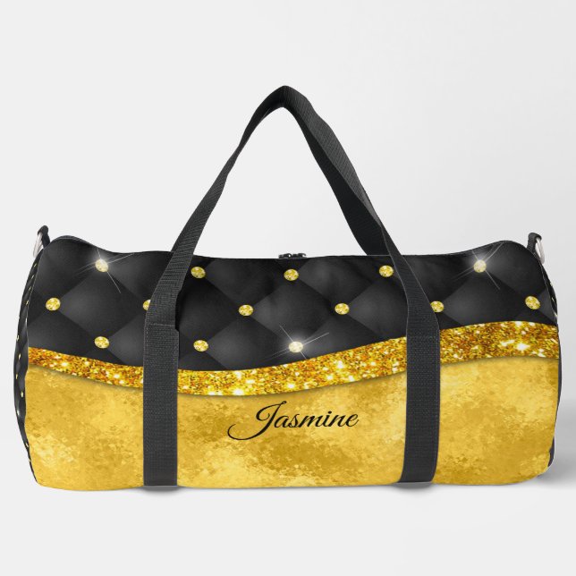 Elegant faux Gold glitter black diamond monogram  Duffle Bag (Front)