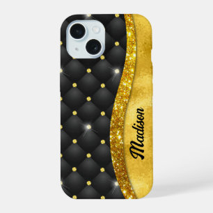 Elegant faux Gold glitter black diamond monogram iPhone 15 Case