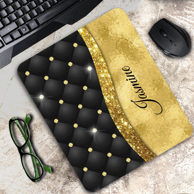 Elegant faux Gold glitter black diamond monogram Mouse Mat (Creator Uploaded)