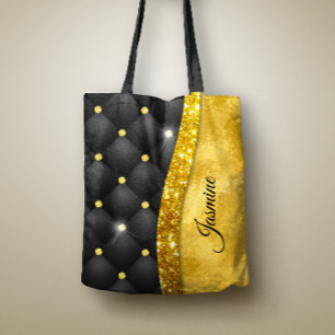 Elegant faux Gold glitter black diamond monogram Tote Bag