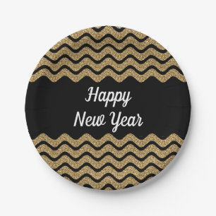 Elegant Faux Gold Glitter Black Stripes New Year's Paper Plate
