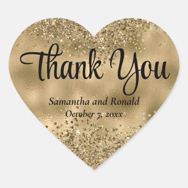 Elegant Faux Gold Glitter & Foil Wedding Thank You Heart Sticker (Front)