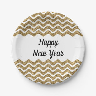Elegant Faux Gold Glitter Happy New Year Paper Plate