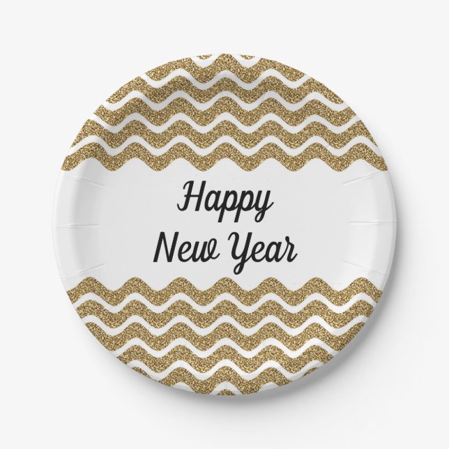 Elegant Faux Gold Glitter Happy New Year  Paper Plate (Front)