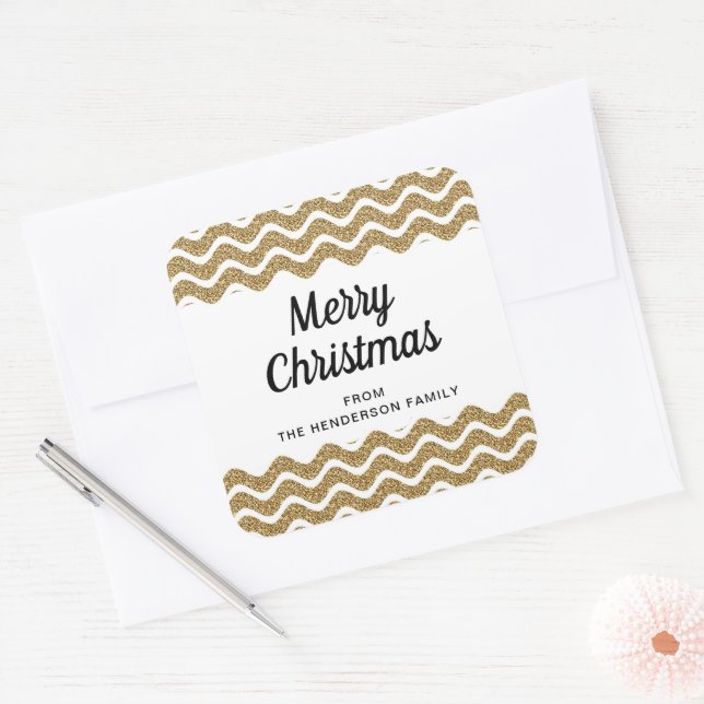 Elegant Faux Gold Glitter Merry Christmas Square Sticker (Envelope)
