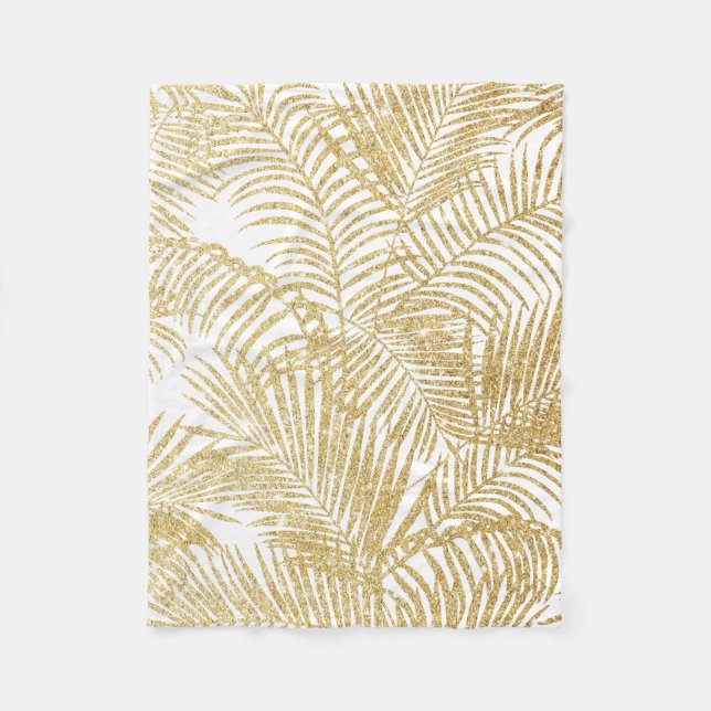 Elegant faux gold glitter tropical plants pattern fleece blanket (Front)