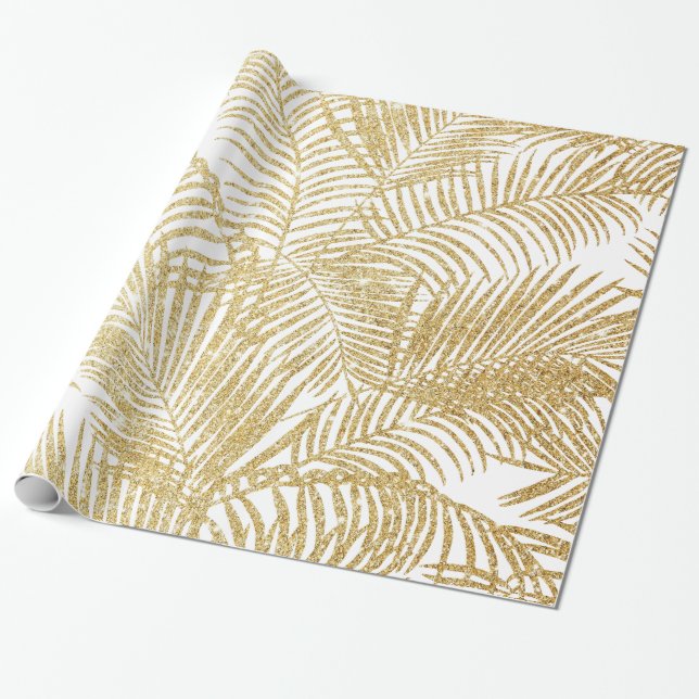 Elegant faux gold glitter tropical plants pattern wrapping paper (Unrolled)