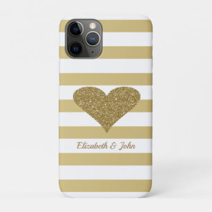 Elegant Faux Gold Glittery  Heart On Stripes Case-Mate iPhone Case