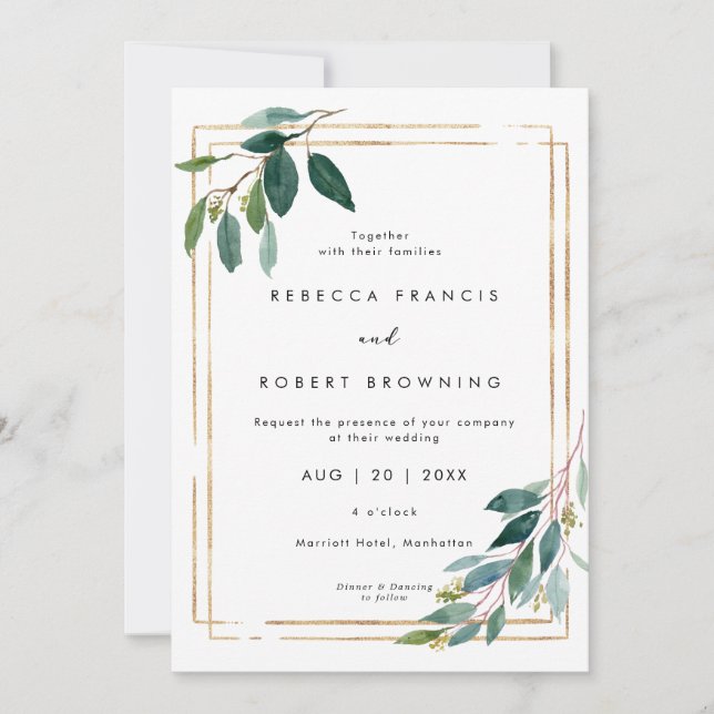 elegant faux gold & greenery wedding invitation (Front)