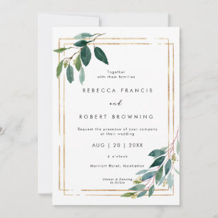 elegant faux gold & greenery wedding invitation
