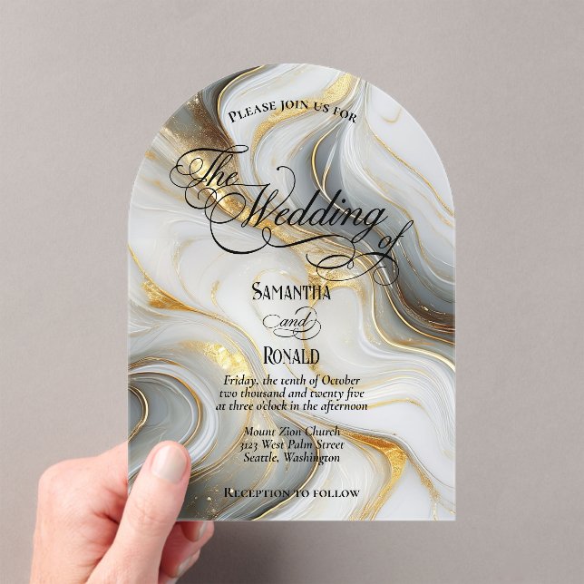 Elegant Faux Gold, Grey and White Marbled Wedding Acrylic Invitations (Insitu (Handheld))