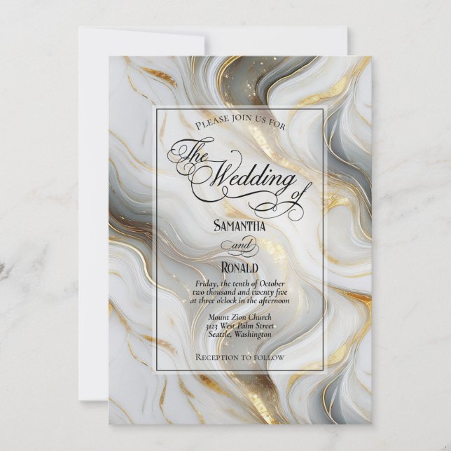 Elegant Faux Gold, Grey and White Marbled Wedding Invitation (Front)