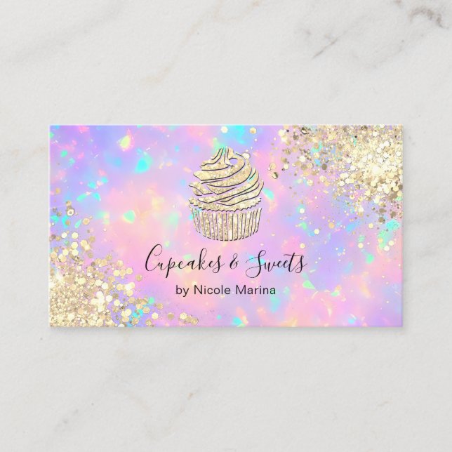 Elegant Faux Gold Holographic Cupcake Sweets Business Card (Front)