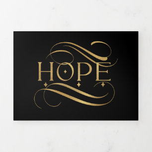 Elegant Faux Gold Hope Calligraphy Script on Black Tri-Fold Holiday Card