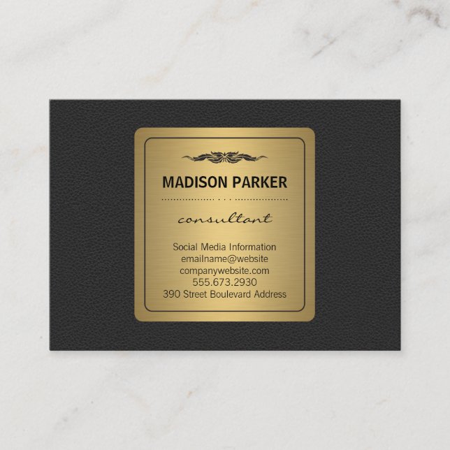 Elegant Faux Gold Label Leather Business Card (Front)
