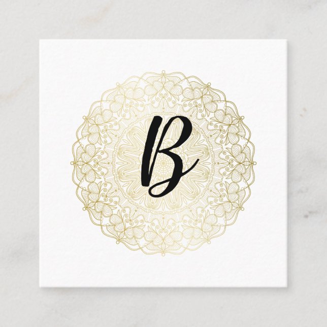 Elegant Faux Gold Lace - Calligraphy Monogram Square Business Card (Front)