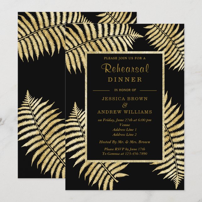 Elegant Faux Gold Leaf Bracken Wedding Invitation (Front/Back)