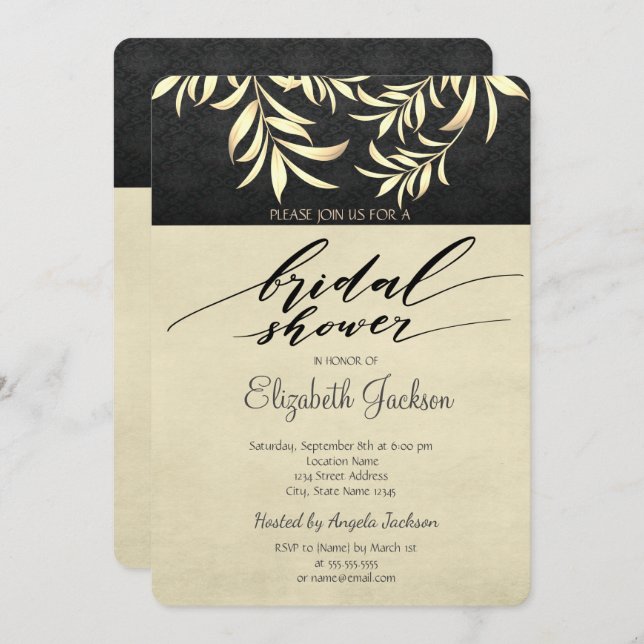 Elegant  Faux Gold Leaves  Bridal Shower Invitation (Front/Back)