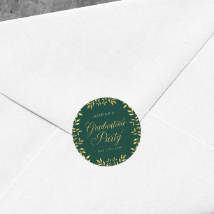 Elegant Faux Gold Leaves Green Graduation Party Classic Round Sticker