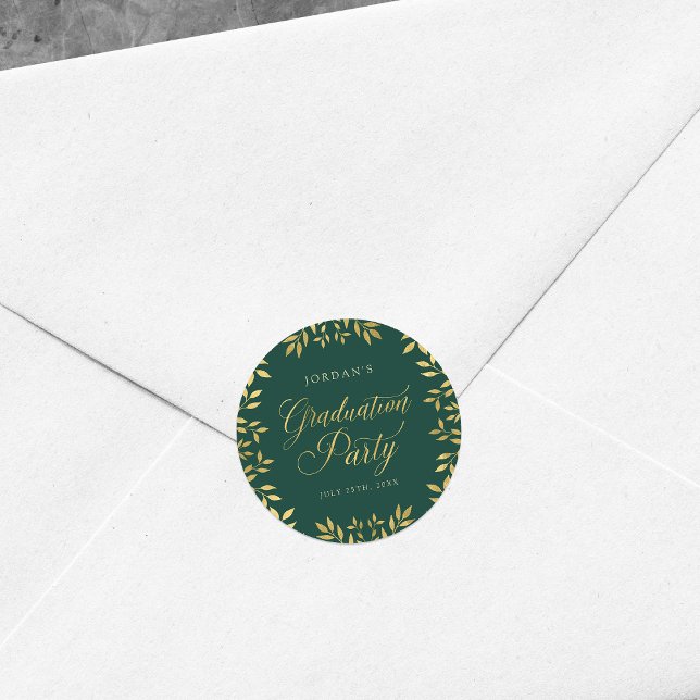 Elegant Faux Gold Leaves Green Graduation Party Classic Round Sticker (Creator Uploaded)