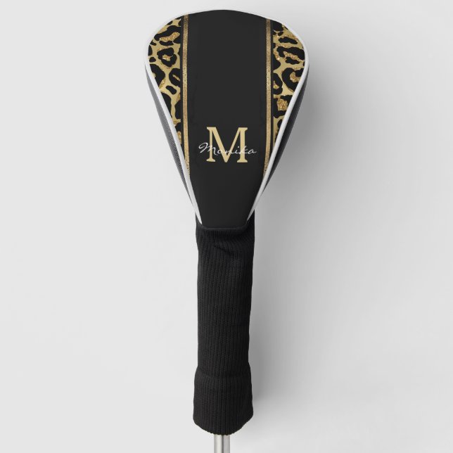 Elegant Faux Gold Leopard Animal Print Personised Golf Head Cover (Front)