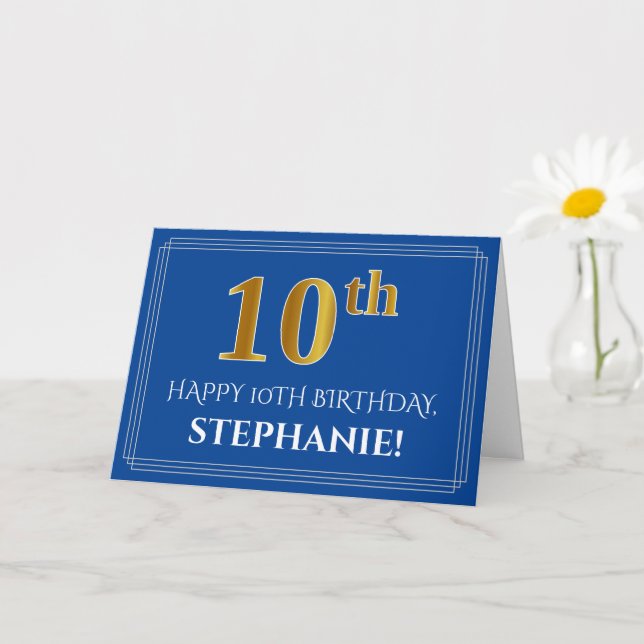 Elegant Faux Gold Look 10th Birthday, Name (Blue) Card (Small Plant)