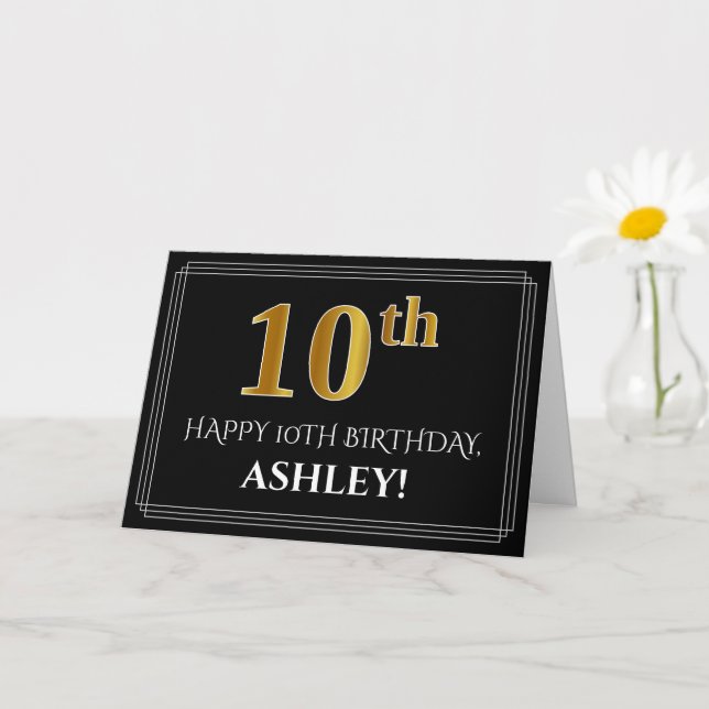 Elegant Faux Gold Look "10th" Birthday + Name Card (Small Plant)