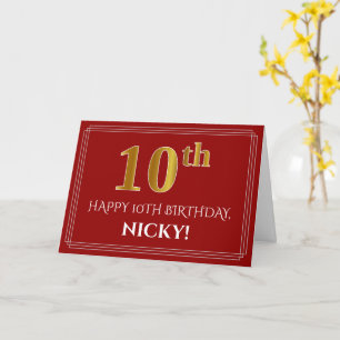 Elegant Faux Gold Look "10th" Birthday, Name (Red) Card