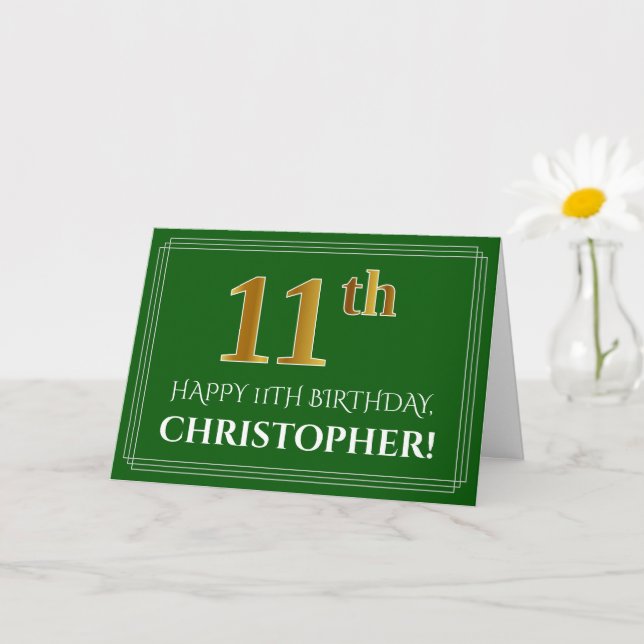 Elegant Faux Gold Look 11th Birthday, Name (Green) Card (Small Plant)