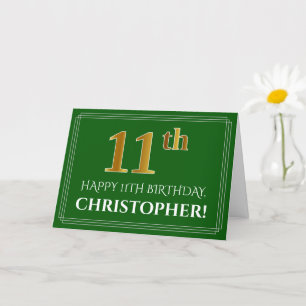 Elegant Faux Gold Look 11th Birthday, Name (Green) Card