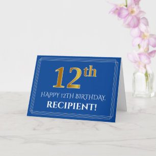 Elegant Faux Gold Look 12th Birthday, Name (Blue) Card