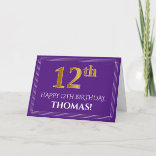 Elegant Faux Gold Look 12th Birthday, Name; Purple Card