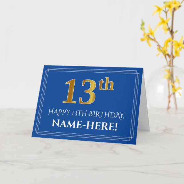 Elegant Faux Gold Look 13th Birthday, Name (Blue) Card (Yellow Flower)