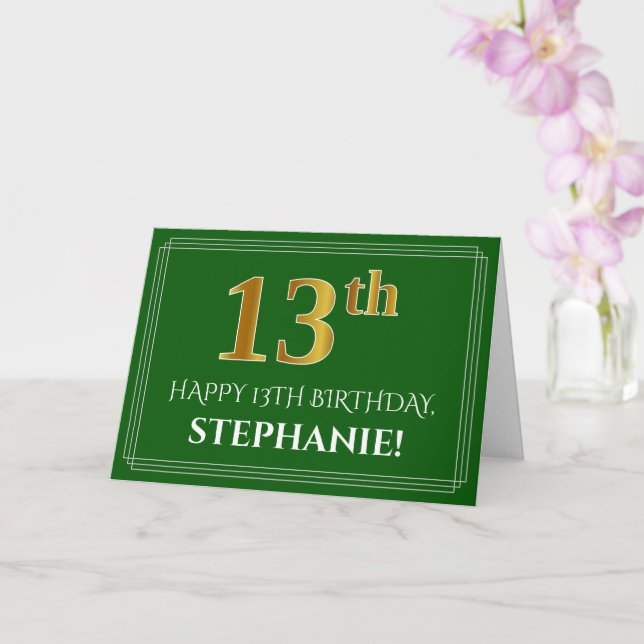 Elegant Faux Gold Look 13th Birthday, Name (Green) Card (Orchid)