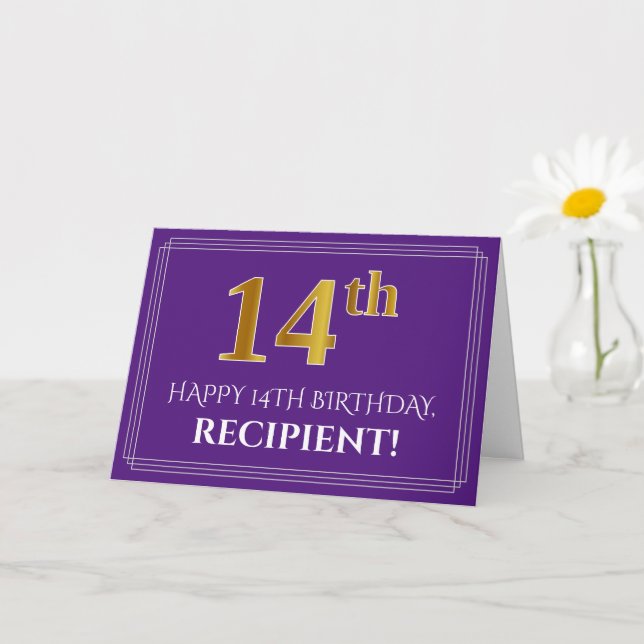Elegant Faux Gold Look 14th Birthday, Name; Purple Card (Small Plant)