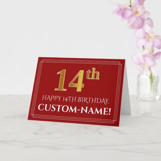 Elegant Faux Gold Look "14th" Birthday, Name (Red) Card (Orchid)