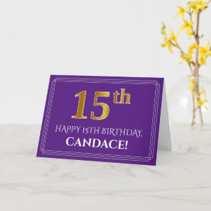 Elegant Faux Gold Look 15th Birthday, Name; Purple Card