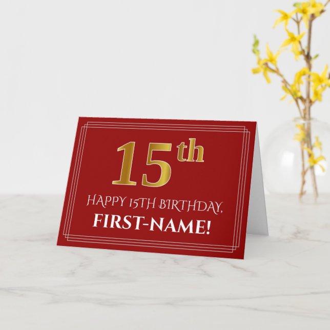 Elegant Faux Gold Look "15th" Birthday, Name (Red) Card (Yellow Flower)