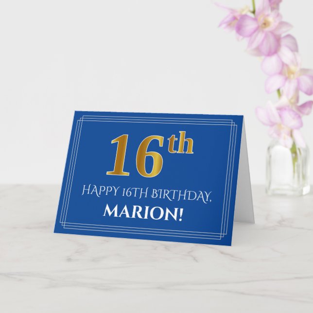 Elegant Faux Gold Look 16th Birthday, Name (Blue) Card (Orchid)