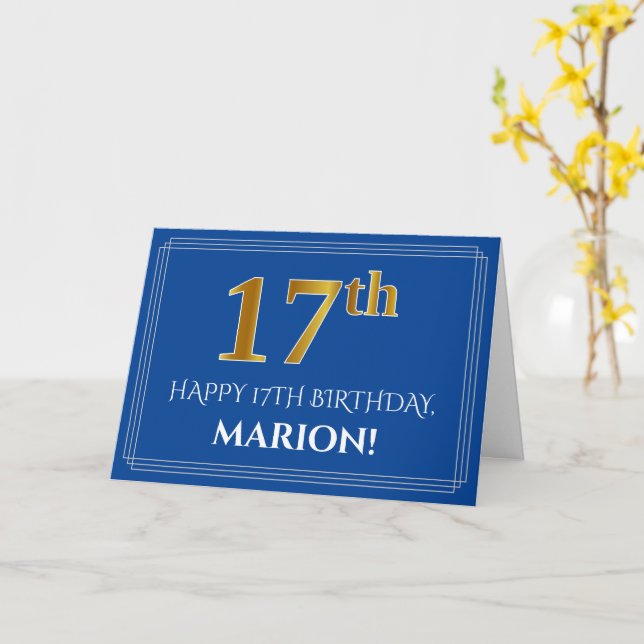 Elegant Faux Gold Look 17th Birthday, Name (Blue) Card (Yellow Flower)