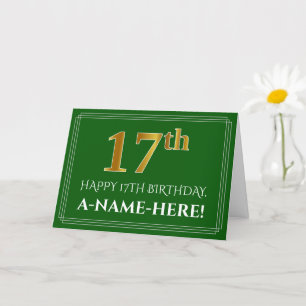 Elegant Faux Gold Look 17th Birthday, Name (Green) Card
