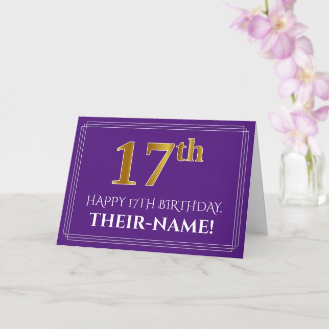 Elegant Faux Gold Look 17th Birthday, Name; Purple Card (Orchid)