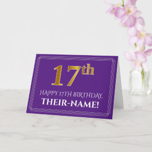 Elegant Faux Gold Look 17th Birthday, Name; Purple Card