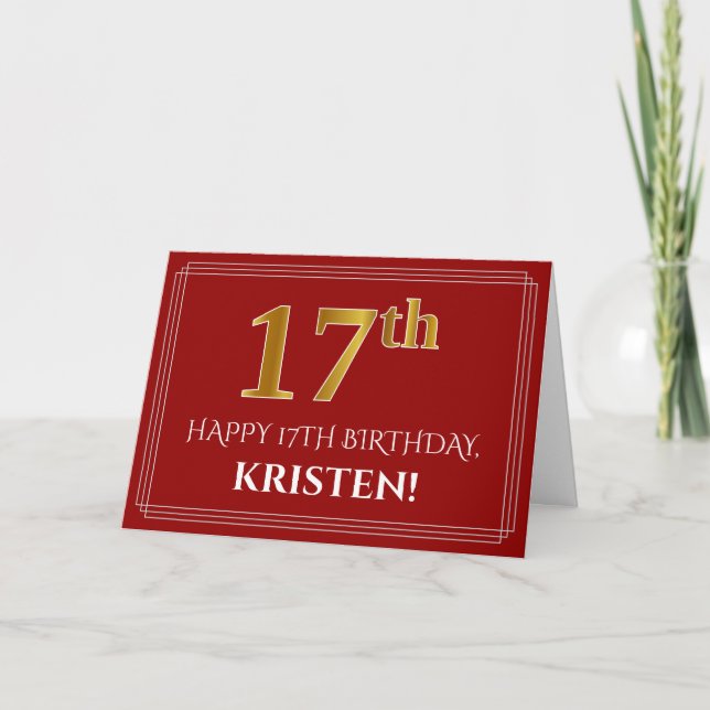 Elegant Faux Gold Look "17th" Birthday, Name (Red) Card (Front)