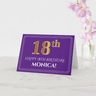 Elegant Faux Gold Look 18th Birthday, Name; Purple Card