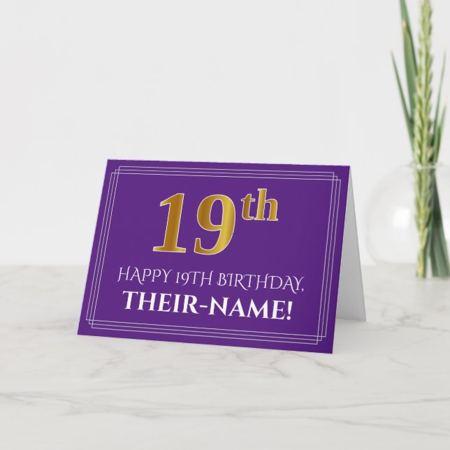 Elegant Faux Gold Look 19th Birthday, Name; Purple Card (Front)