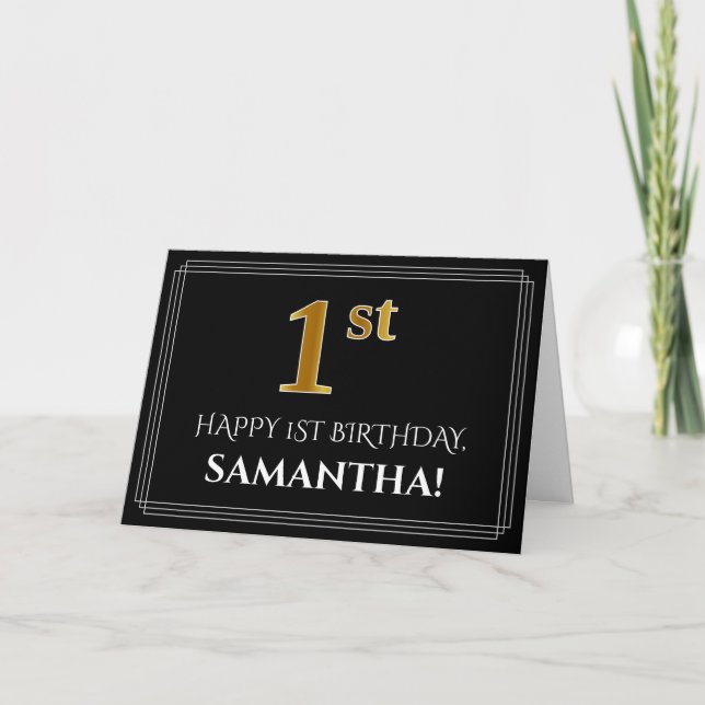 Elegant Faux Gold Look "1st" Birthday + Name Card (Front)